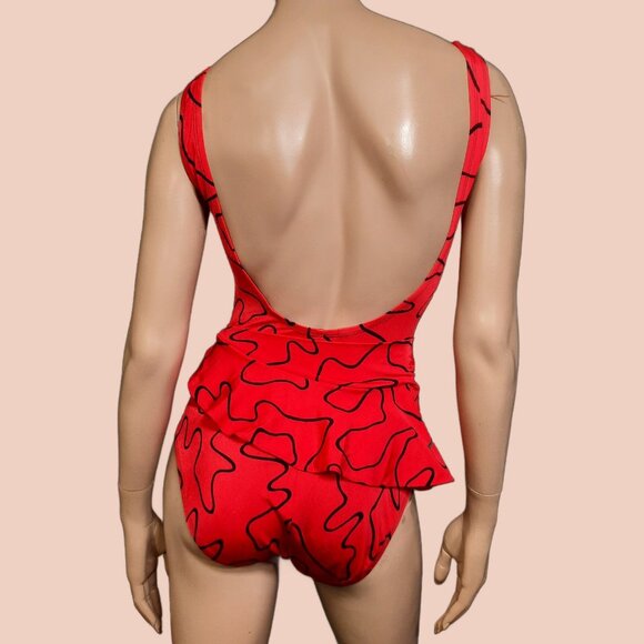 Vintage 80s Cole Of California Swimsuit Womens M Red Abstract Print Side Tie - Picture 7 of 11